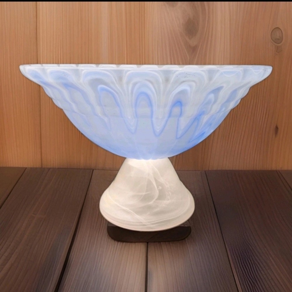 Lux Vetreria Bowl Blue White Swirled Glass LARGE Italian Glass Pedestal Exc READ
